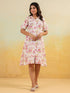 Janasya Women's Off White Linen Cotton Floral Printed A-line Button Down Shirt Dress